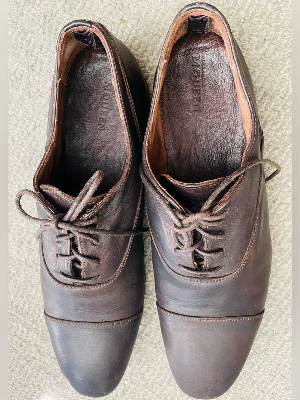 ALEXANDER McQUEEN Dark Brown Leather Cap-Toe Lace-Up Oxfords & Dust Bag- 43.5